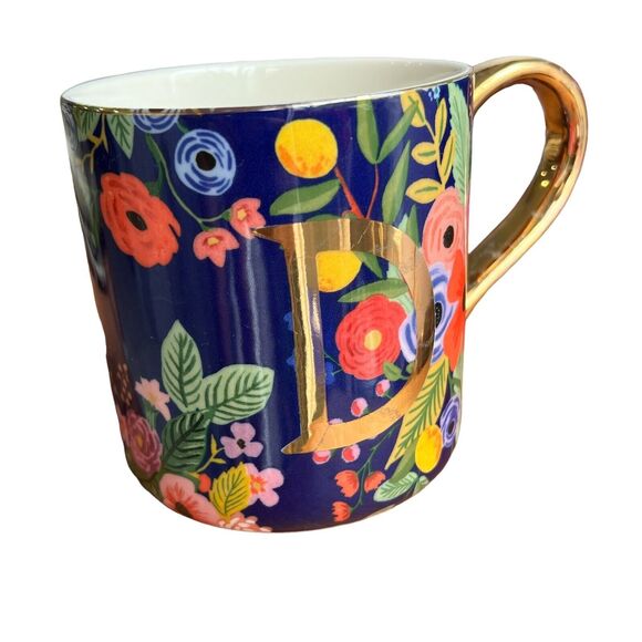 Anthropologie Floral Coffee Mug Cup Gold Initial 'D' Monogram Flower Colorful - Picture 2 of 10